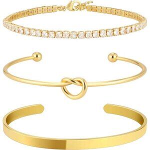 Gold Bangle Cuff Knot Bracelet Set Womens Stackable Tennis Cubic Zirconia